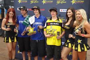 LOCAL LEGEND: Wagga's Errol Willis (yellow shirt) claimed second place in the under 19 Australian Motocross Championships on Sunday alongside South Australia's Luke Arbon (middle) and Queensland's Shaun Redhead (far left).