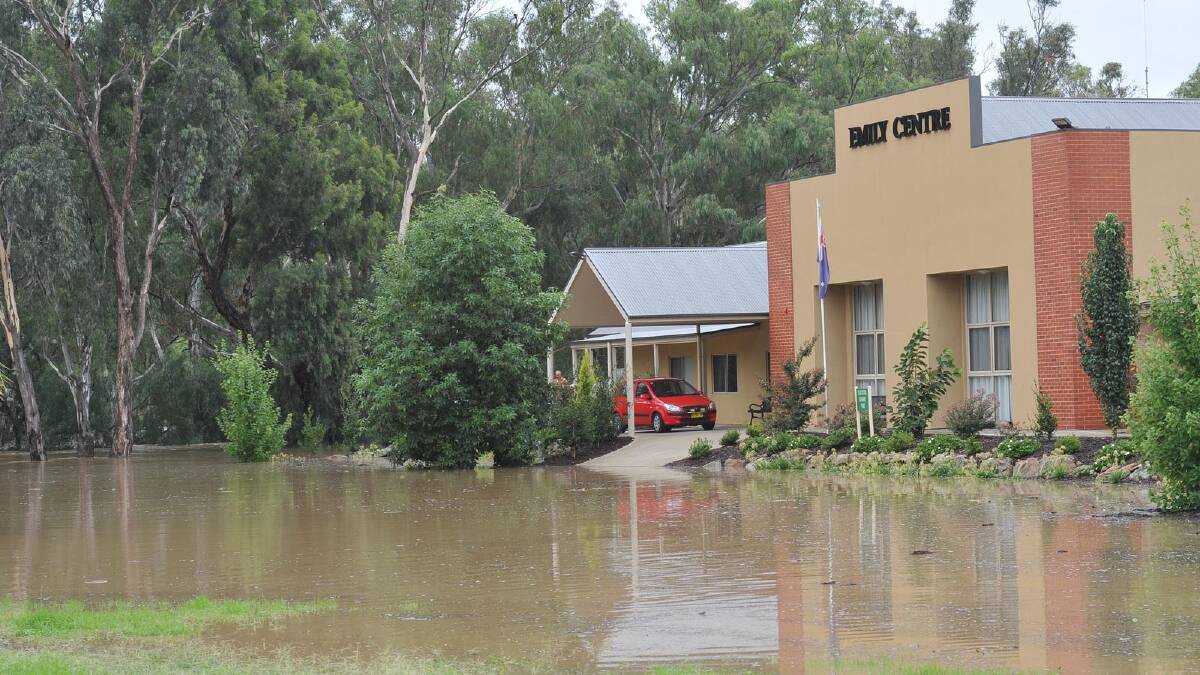 The Emily Centre at The Rock is surrounded by flood water. Picture: Oscar Colman