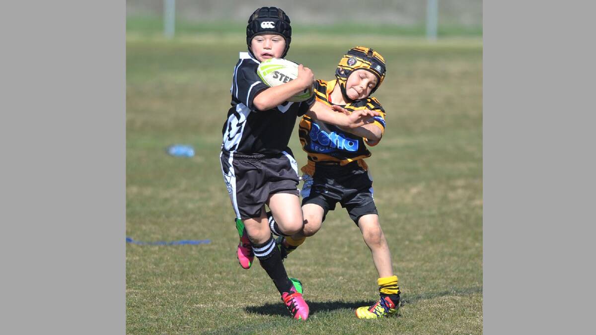 Junior rugby league. Gundagai Adelong v Wagga Magpies. Wagga's Blake Dowling and Gundagai Adelong's Cooper Bethune. Picture: Alastair Brook