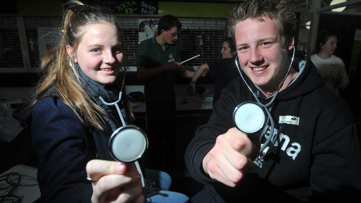 Emily Clout and Tom Cox, both 16, of Wagga High at the annual WARRIAHS Health Expo at CSU. Picture: Addison Hamilton