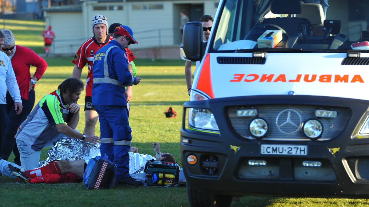 SIRU. CSU Reddies v Albury. The game was suspended for 20 minutes while waiting for an ambulance to take CSU player James Smithson, who was victim of a knee injury. Picture: Addison Hamilton