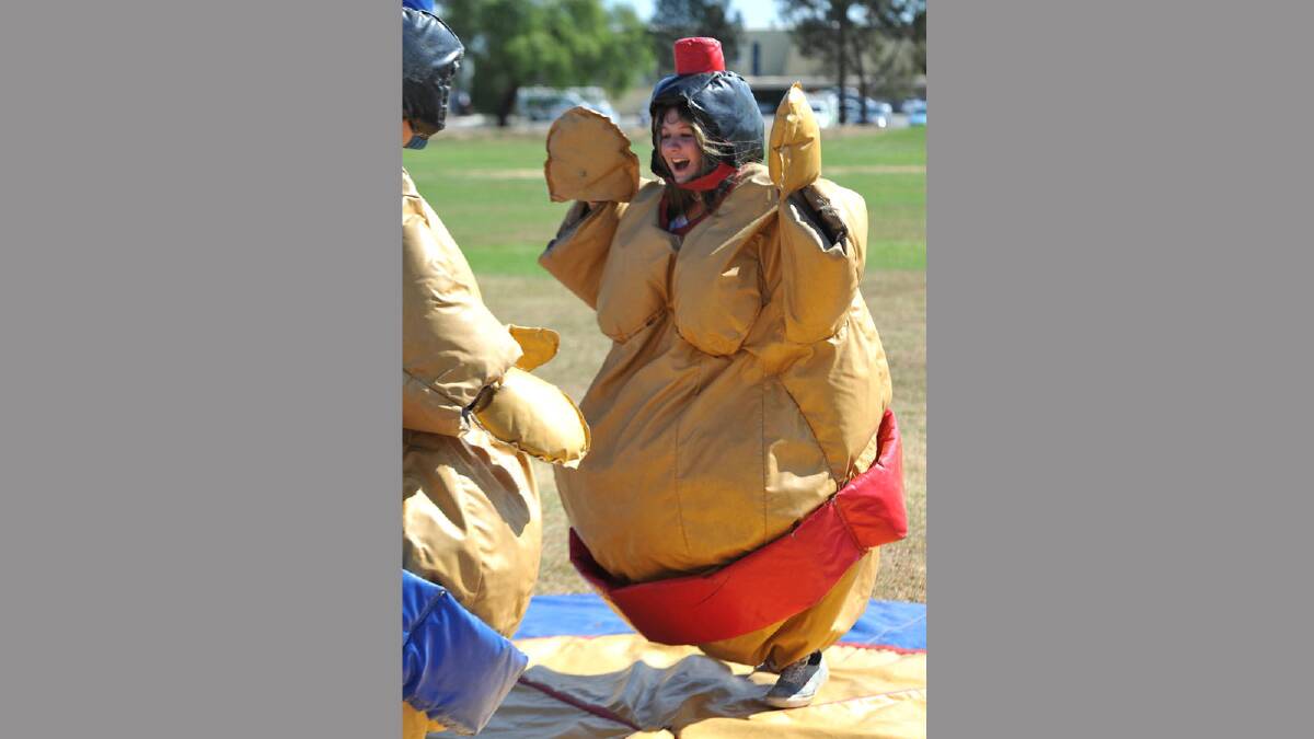 Headspace music festival for Youth Week. Kaleah Edwards-Harvey, 14, of Wagga in the sumo suit. Picture: Les Smith