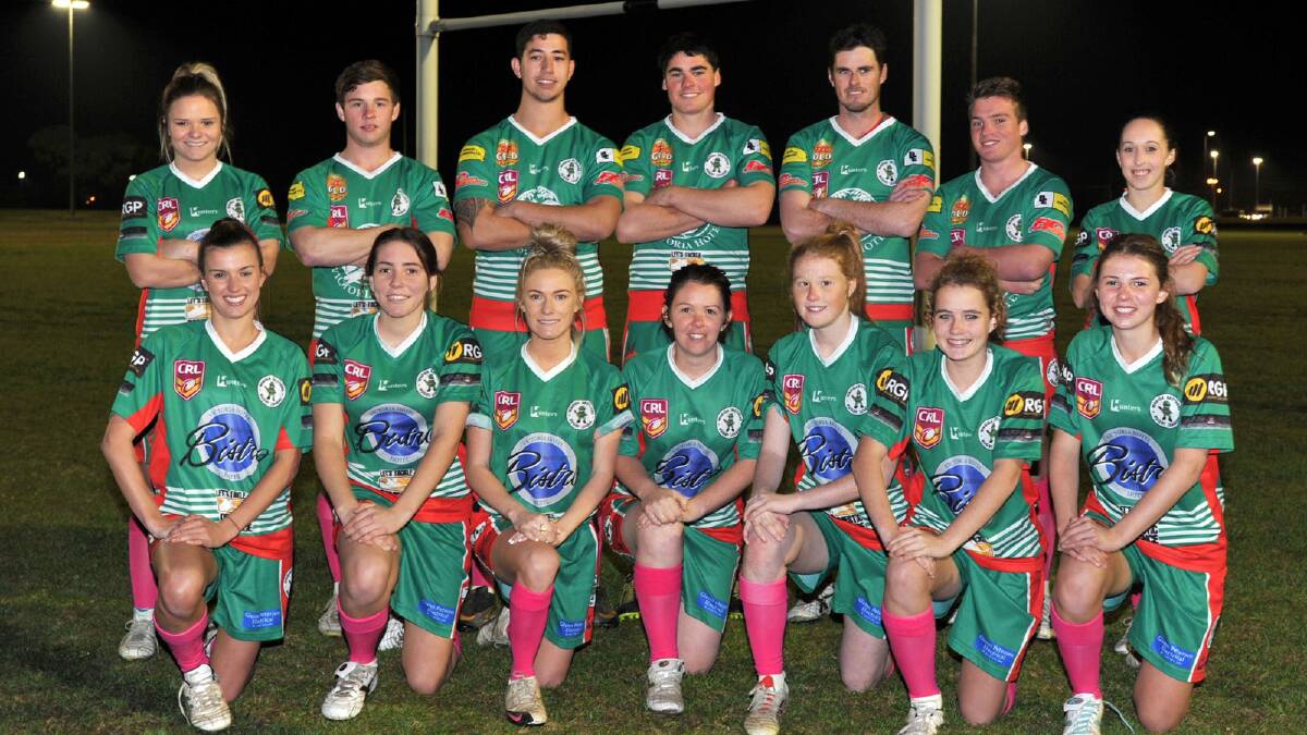 Wagga Brothers' leaguetag girls and rugby league players donning the pink socks for breast cancer support. Picture: Les Smith