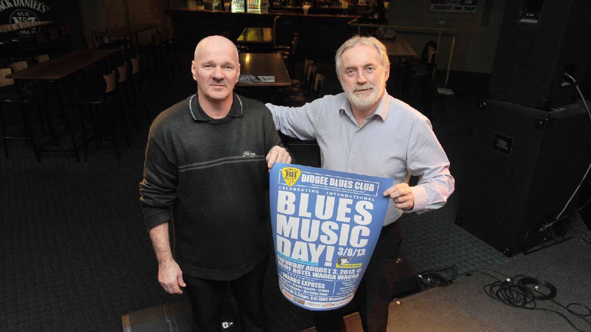 The Home Tavern owner Trevor Jones with committee member Gary Allen for the Bidgee Blues Club International Blues Day gig on August 3. Picture: Alastair Brook