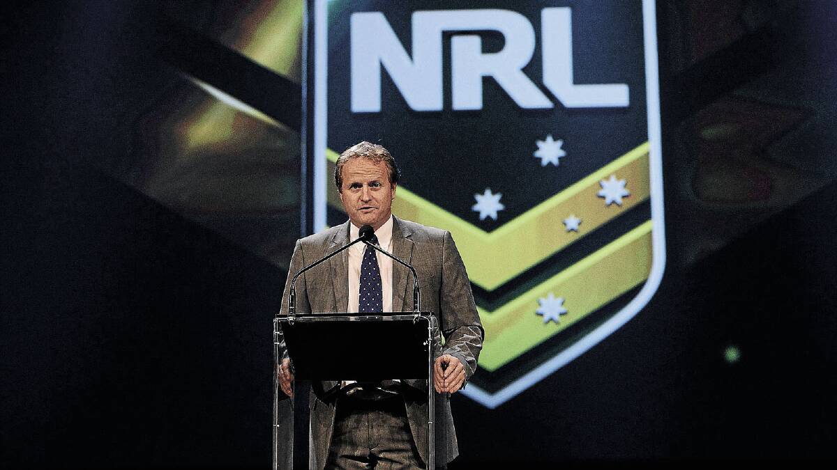 IN TOWN: NRL CEO David Smith speaks on stage during the 2013 NRL season launch. Smith is visiting Wagga today to meet with Member for Riverina Michael McCormack and Wagga mayor Rod Kendall.