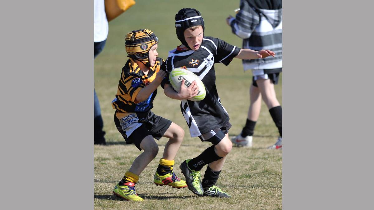 Junior rugby league.  Gundagai Adelong v Wagga Magpies. Gundagai Adelong's Cooper Bethune and Wagga's Jake Wilson. Picture: Alastair Brook