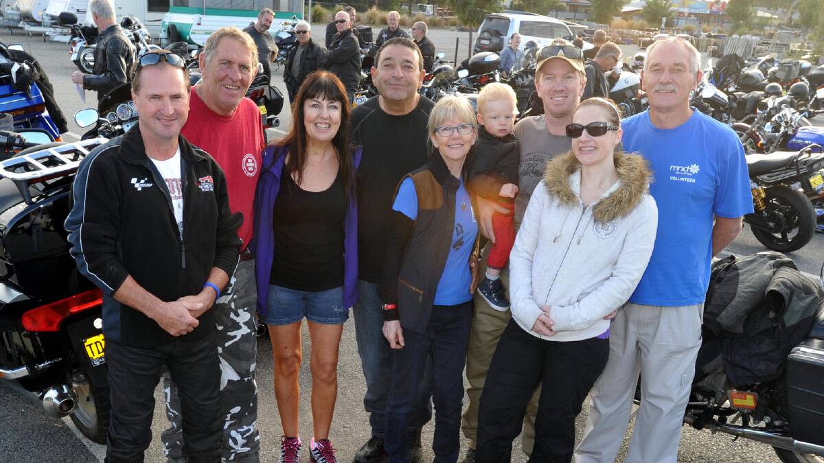 Motorcycle ride for motor neurone disease. (From left) Les Gray, Chris Anthony, Jill Artemiou, Peter Artemiou, Pat O'Hara, Tasman O'Hara, 16 mths, Ryan and Julie O'Hara and Trevor Argus. Picture: Les Smith
