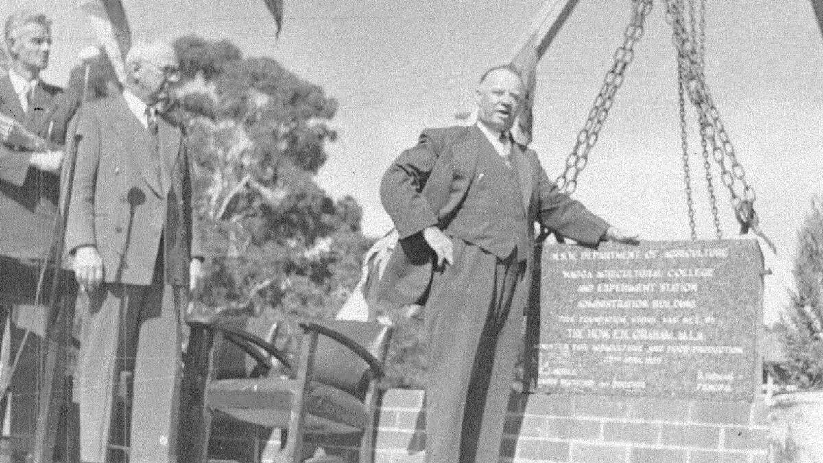 Eddie Graham laying foundation stone for Graham Block in 1955. Picture: Regional Archives/Wagga and District Historical Society