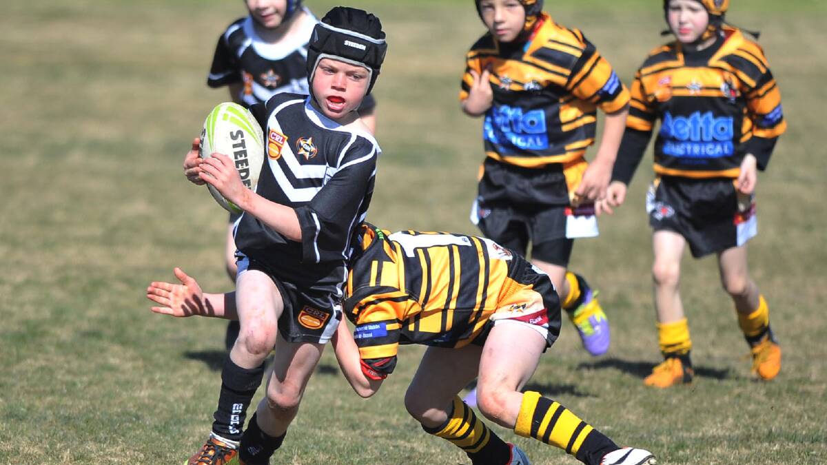 Junior rugby league. Gundagai Adelong v Wagga Magpies. Wagga's Ben Hall and Gundagai Adelong's Jack Hayes. Picture: Alastair Brook