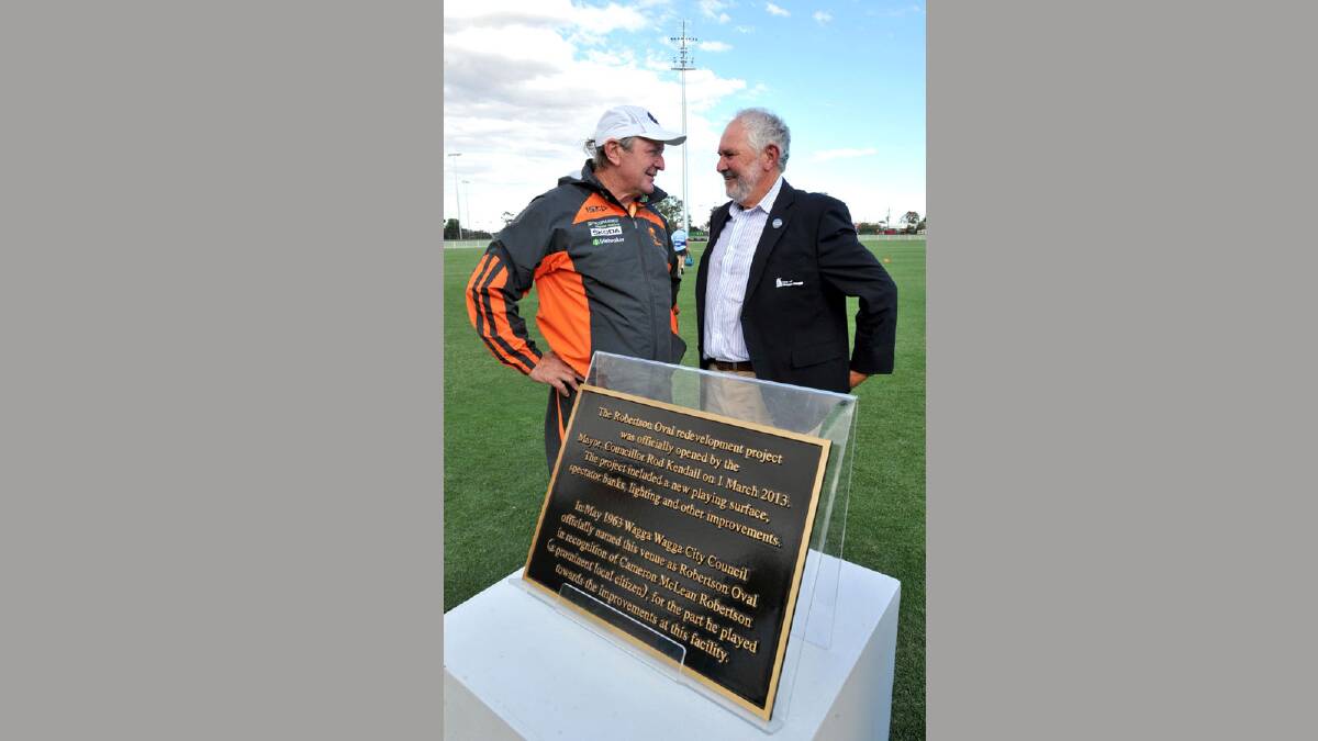 WORTH THE WAIT: GWS Giants coach Kevin Sheedy with Wagga mayor Rod Kendall at the official opening of Robertson Oval yesterday.
