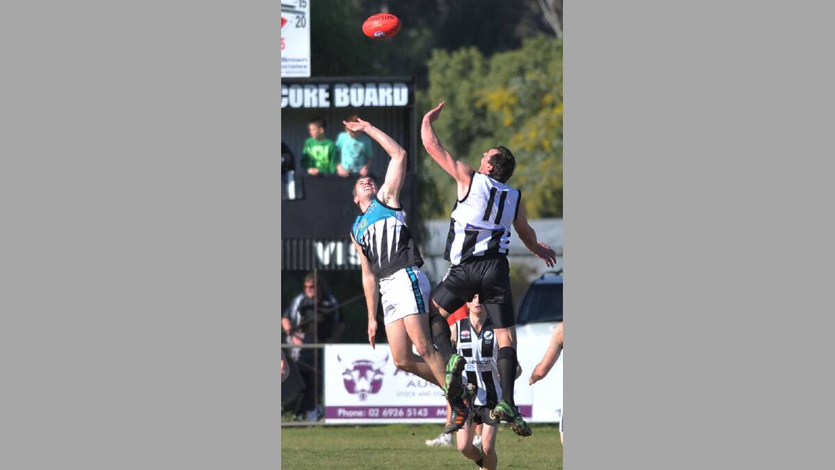 Farrer League. TRYC v Northern Jets. Northern Jets' Nathan Hunter and TRYC's Jason Smith. Picture: Alastair Brook