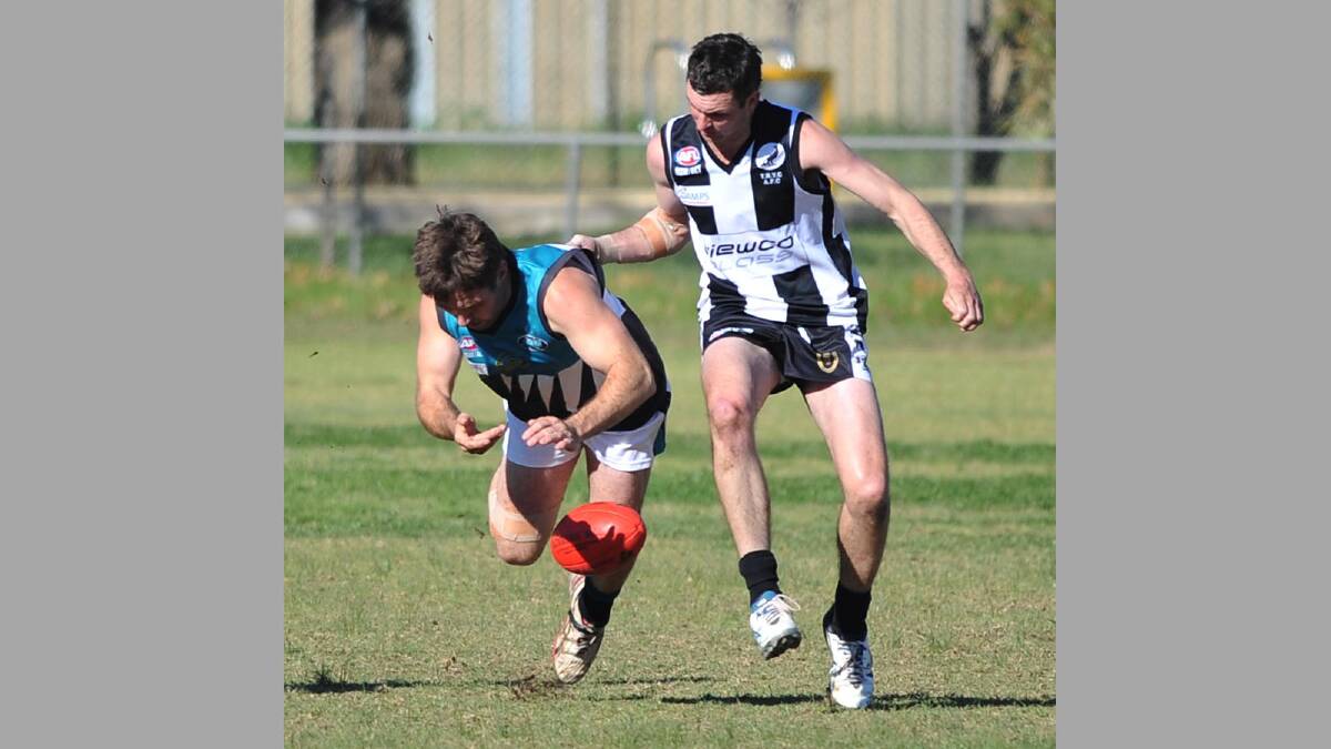 Farrer League. TRYC v Northern Jets. Northern Jets' Tim Hodge and TRYC's Casey Hillary. Picture: Alastair Brook