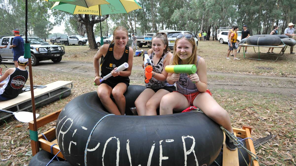 2014 Gumi Race: Julie Crouch,15, Tessa Slinger,15, and Chloe Parr,15, on the "Tyrepower". Picture: Michael Frogley