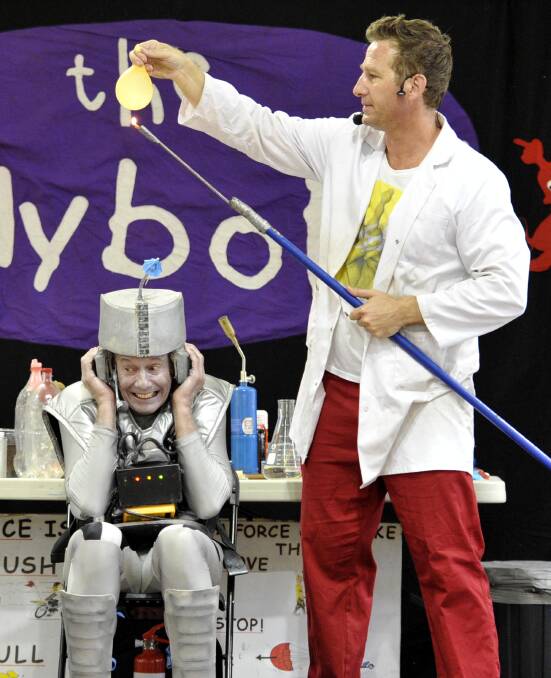 The Jollybops science show at the Wagga Marketplace last Wednesday, featuring Rusty the Robot and the Jolly Wizard. Picture: Les Smith