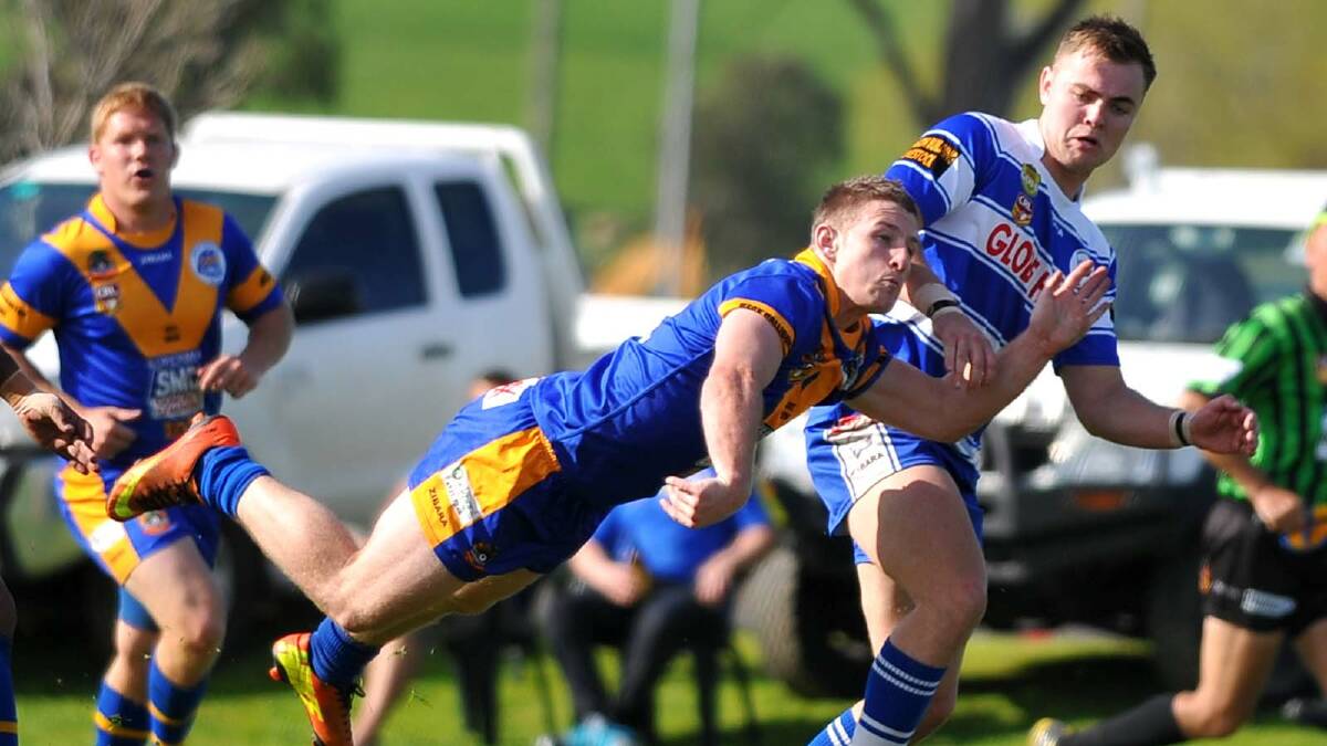 Group Nine Rugby League. Junee vs Cootamundra at Laurie Daley Oval. Junee's Daniel Foley and Coota's Matt Forsyth. Picture: Addison Hamilton