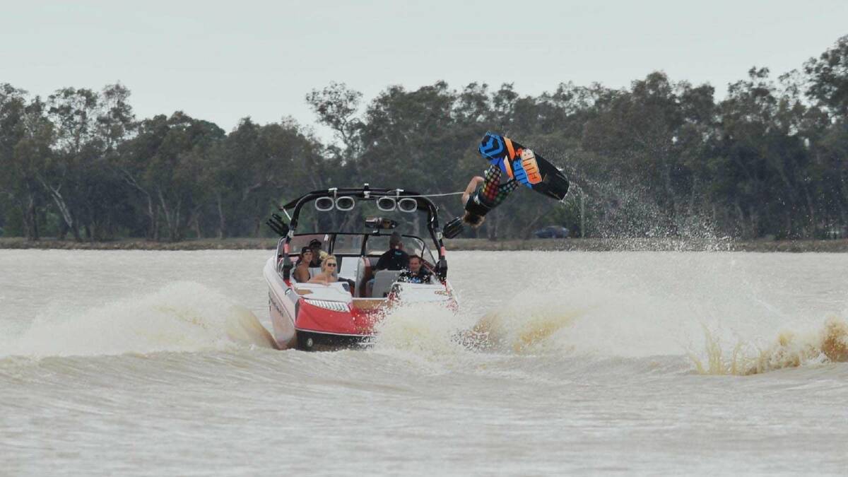 Connon Campbell gets some air wakeboarding on Lake Albert. Picture: Alastair Brook