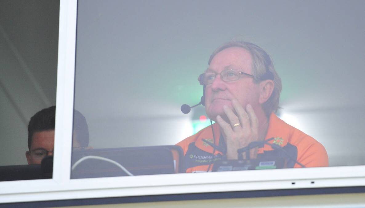 GWS coach Kevin Sheedy watches on from the coaches’ box during the NAB Cup clash at Robertson Oval.