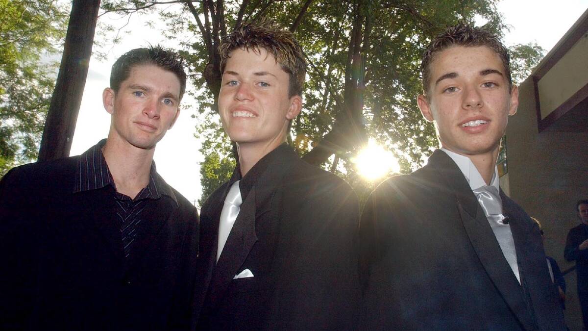 Scott Moore, Sam Graham and Jourdan Nesire at the Wagga Christian College Year 10 formal in 2004. Picture: Amy Brabin