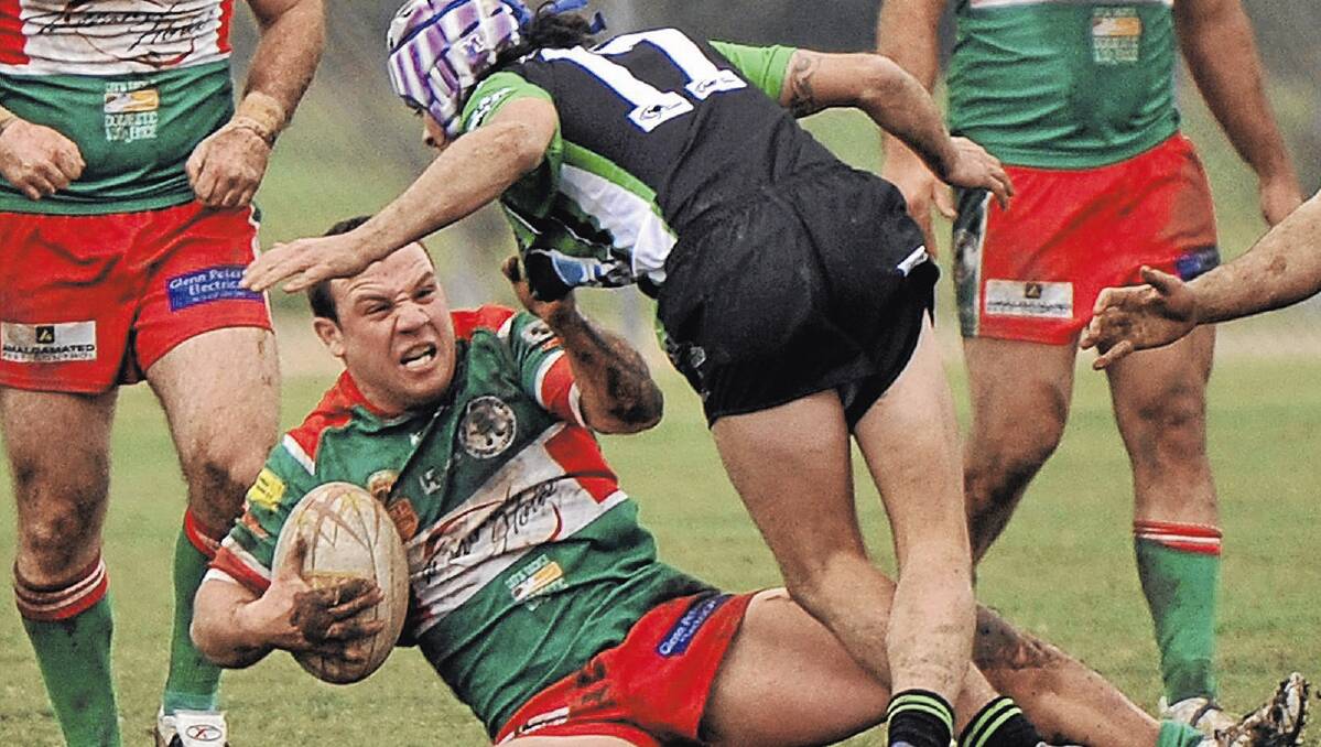 Brothers hooker Brock Dunn, pictured taking down Albury defender Mitch McLeod last season, is tipped to make an explosive impact at the famous West Wyalong Knockout on Friday. Picture: Oscar Colman