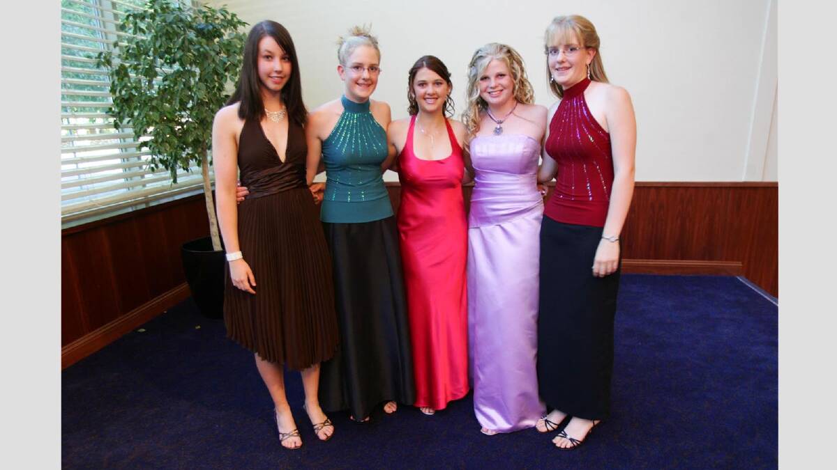 Vanessa Gowasch, Allison Short, Kathleen Archer, Emma Buckens and Megan Short at the Wagga High School formal in 2005. Picture: Les Smith