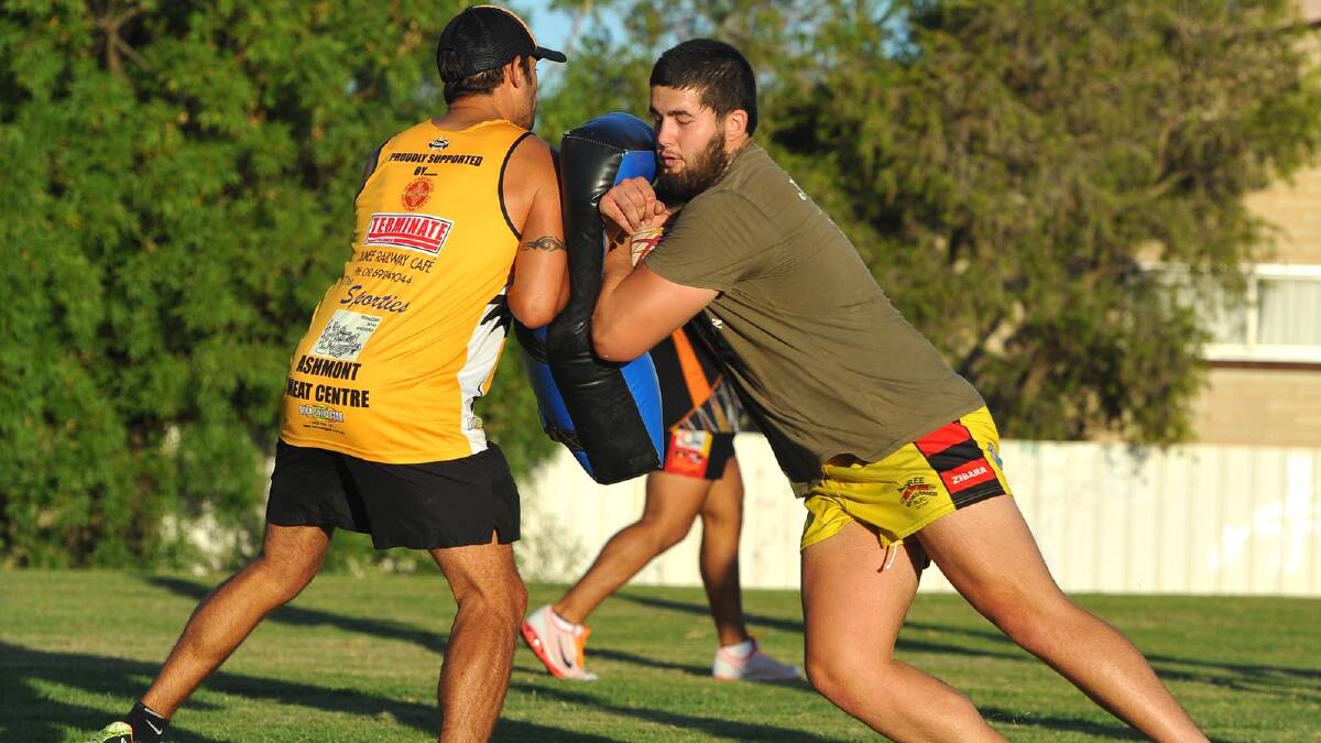 Indigenous All Stars training ... Group Nine Indigenous All Stars coach Jay Little puts stellar Junee recruit Toby Key through his paces. Picture: Addison Hamilton