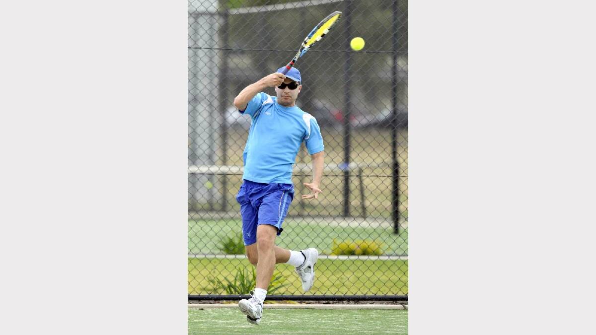 TENNIS: Pennant tennis at the Jim Elphick Tennis Centre. Wagga's Ciaran Moore in action during the men's number one match against Dane Mottley. Picture: Les Smith