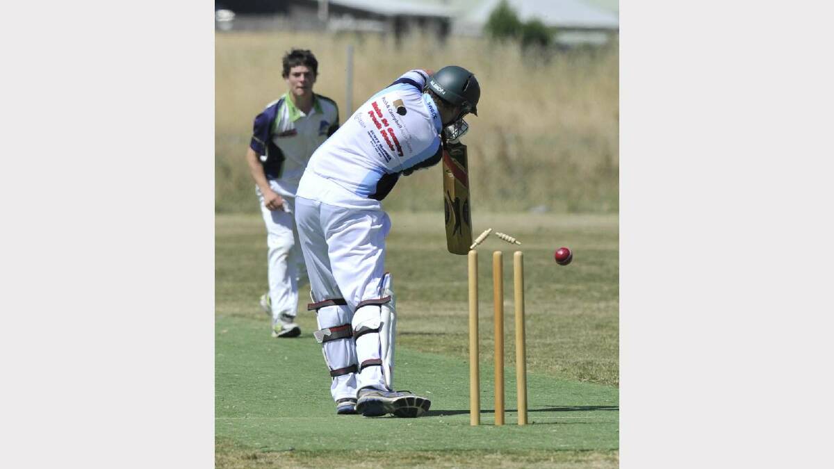 U15s CRICKET: South Wagga v Wagga City at Parramore Park. Wagga City bowler Tim Banks hits the sweet spot against South Wagga batsman Jay Butler, clean bowles for 10 runs. Picture: Les Smith