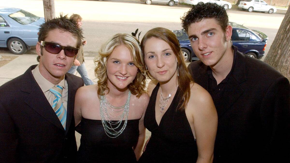 Robert Simms, Kate Delaney, Coralie Shaw and Ross Malcolm at the Wagga Christian College Year 10 formal in 2004. Picture: Amy Brabin