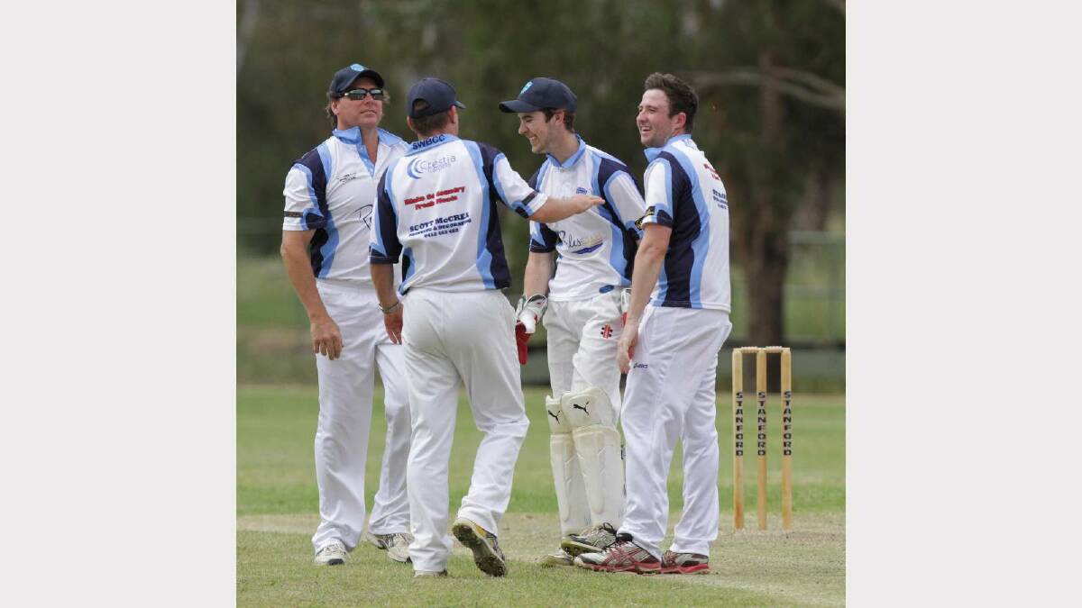 CRICKET: St Michaels v South Wagga at Rawlings Park. Joel Robinson (right) heads the celebrations as South Wagga picks up a caught behind wicket. Picture: Les Smith