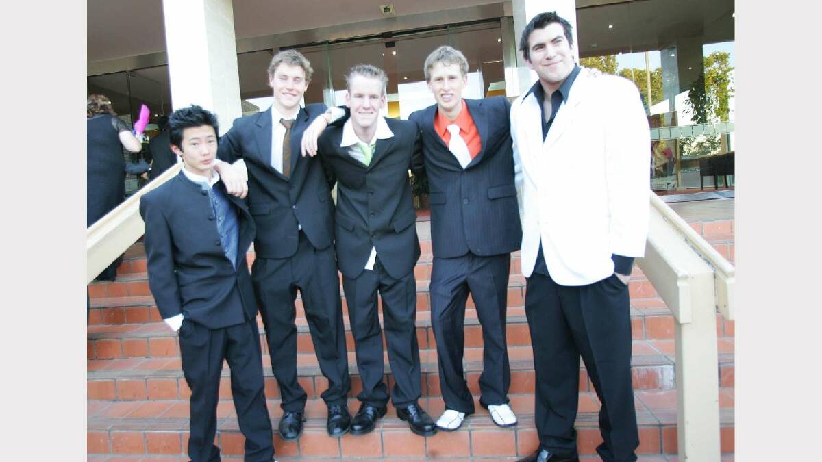 Dyson, Nathan Hart, John Woodbridge, Blake Cunningham and Joel Pendrick at the Wagga Christian College formal in 2005. Picture: Les Smith