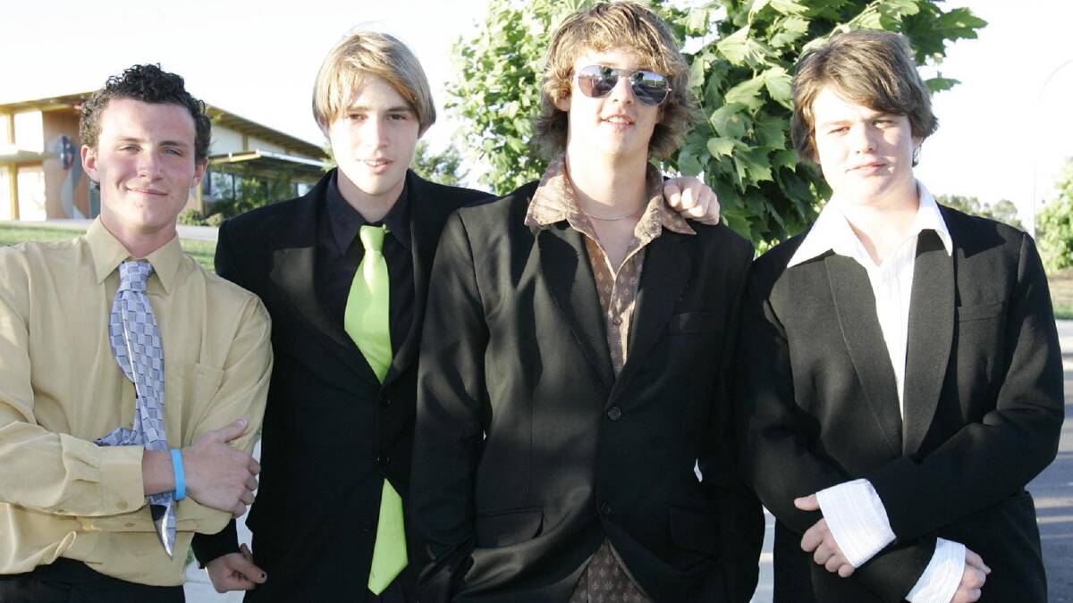 Matthew Serafin, Stephen Dogao, Jackson Taylor and Michael Tilden at the Mater Dei Year 10 formal in 2005. Picture: Les Smith