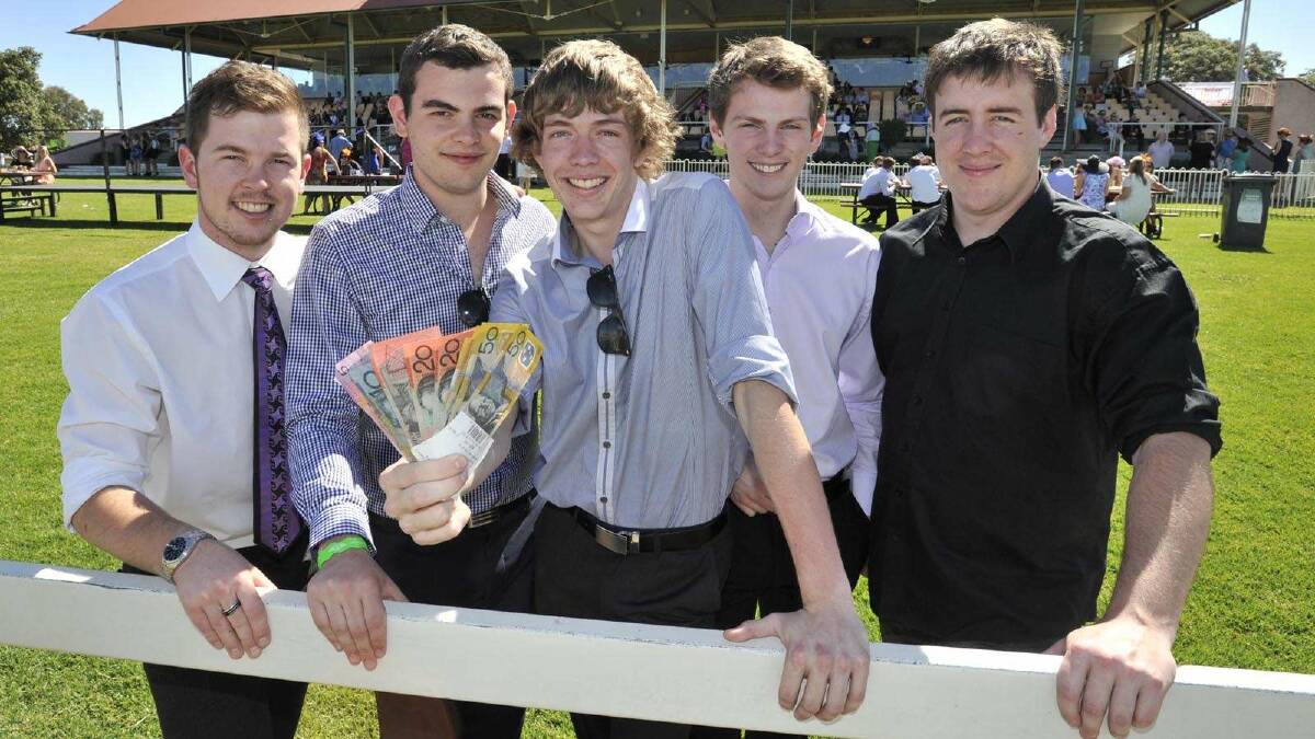 At the MTC Melbourne Cup race day are Ben Wallace, Sean O'Connor, Ben White, Brandon Johnson and Tyler Roberts. Picture: Les Smith