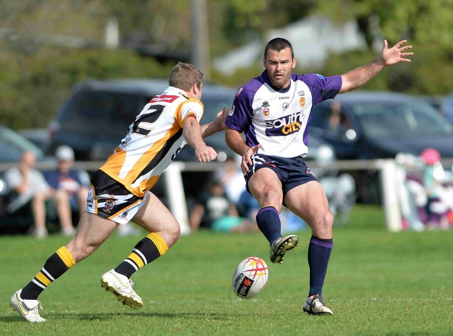 Southcity captain-coach Daniel Fitzhenry (right) in action against Gundagai this year