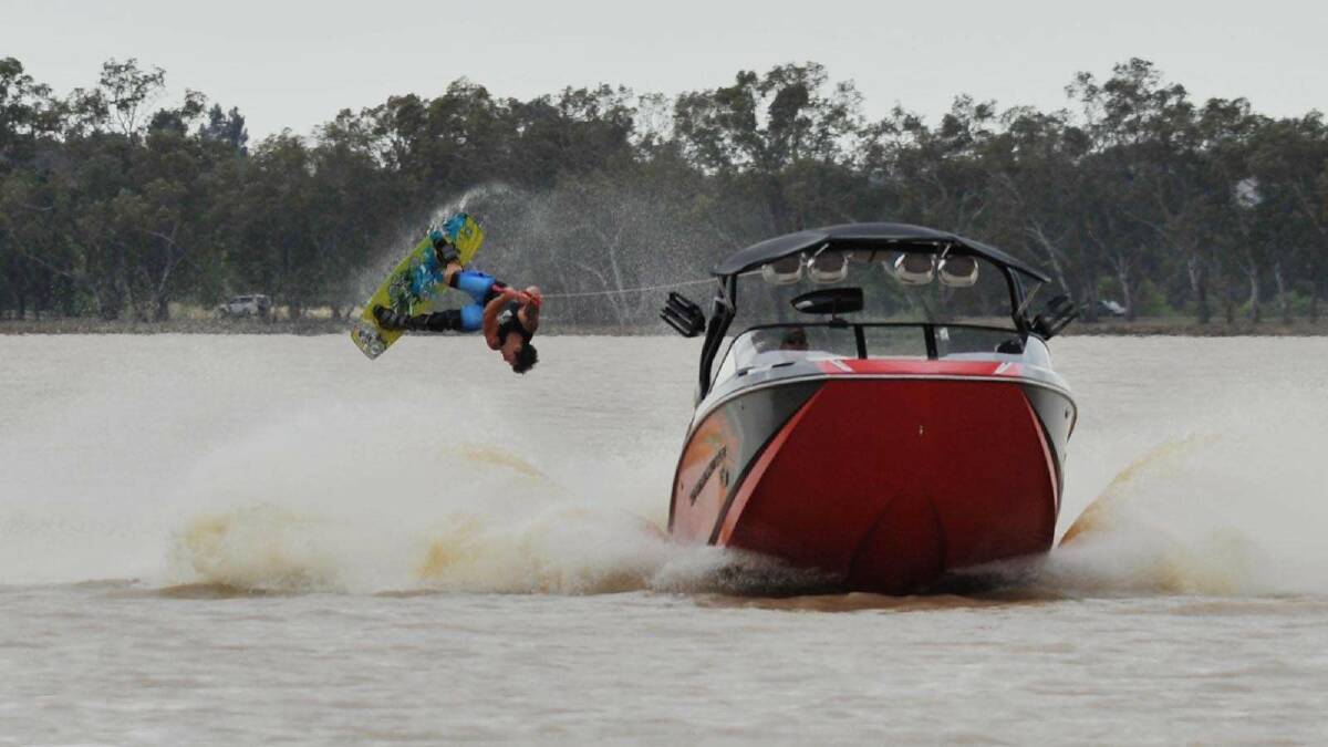Daniel Townsend gets some air wakeboarding on Lake Albert. Picture: Alastair Brook