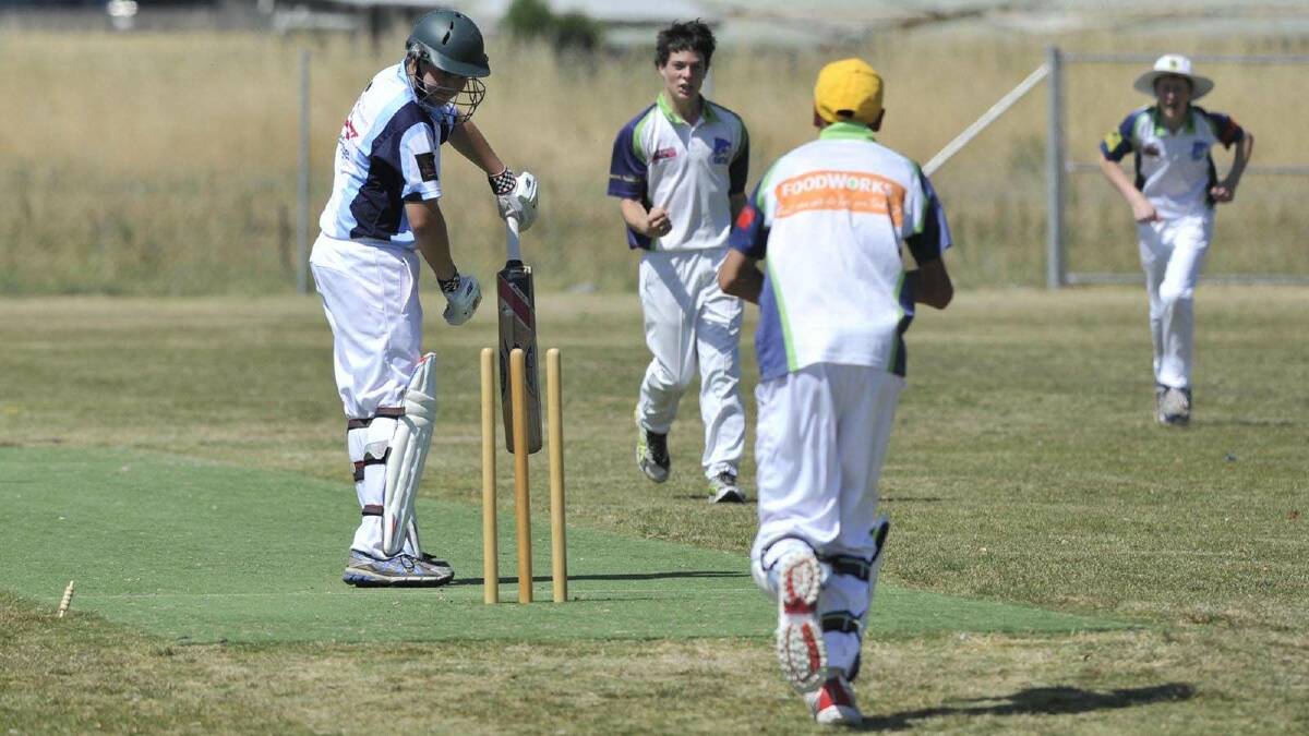 U15s CRICKET: South Wagga v Wagga City at Parramore Park. South Wagga batsman Jay Butler looks at his thrown bales after a fantastic bowl from Tim Banks. Picture: Les Smith