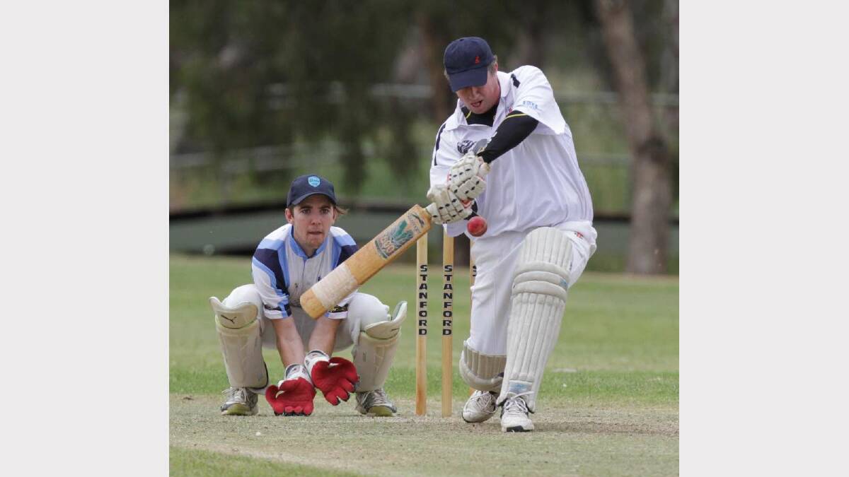 CRICKET: St Michaels v South Wagga at Rawlings Park. Marty Loy of St Michaels keeps his eye on the ball as keeper Hayden Dore watches closely. Picture: Les Smith