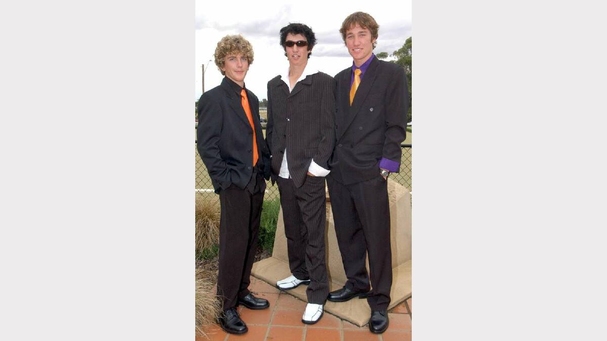 Shane Gow, Ben Absolum and Luke Powell at the Wagga High School Year 10 formal in 2004. Picture: Les Smith