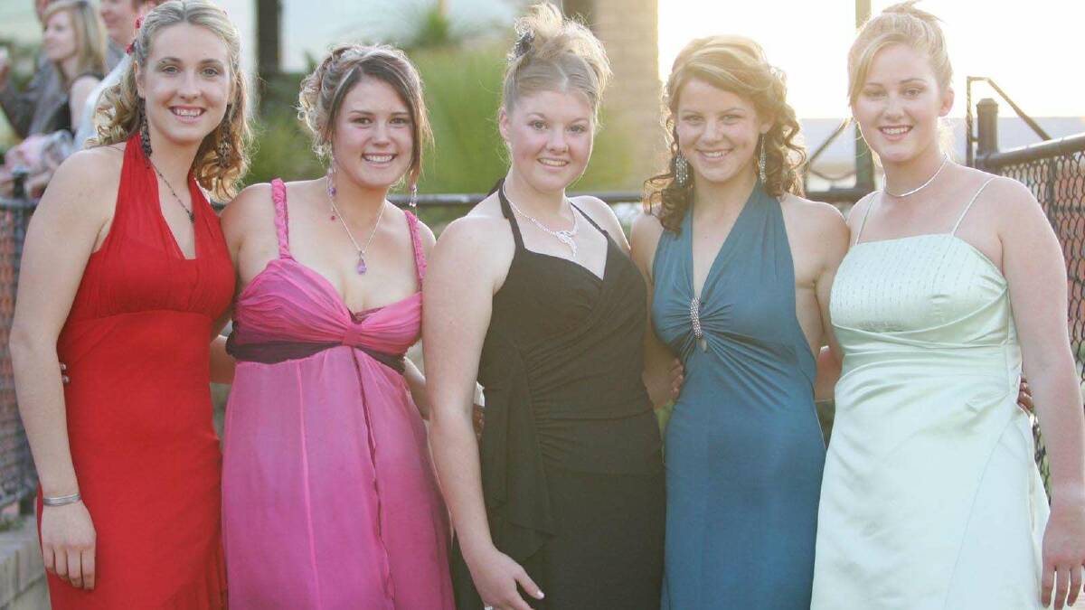 Coralie Shaw, Hayley Millerick, Megan Pottie, Jessica Boatwright and Letitia Mulholland at the Wagga Christian College formal in 2005. Picture: Les Smith