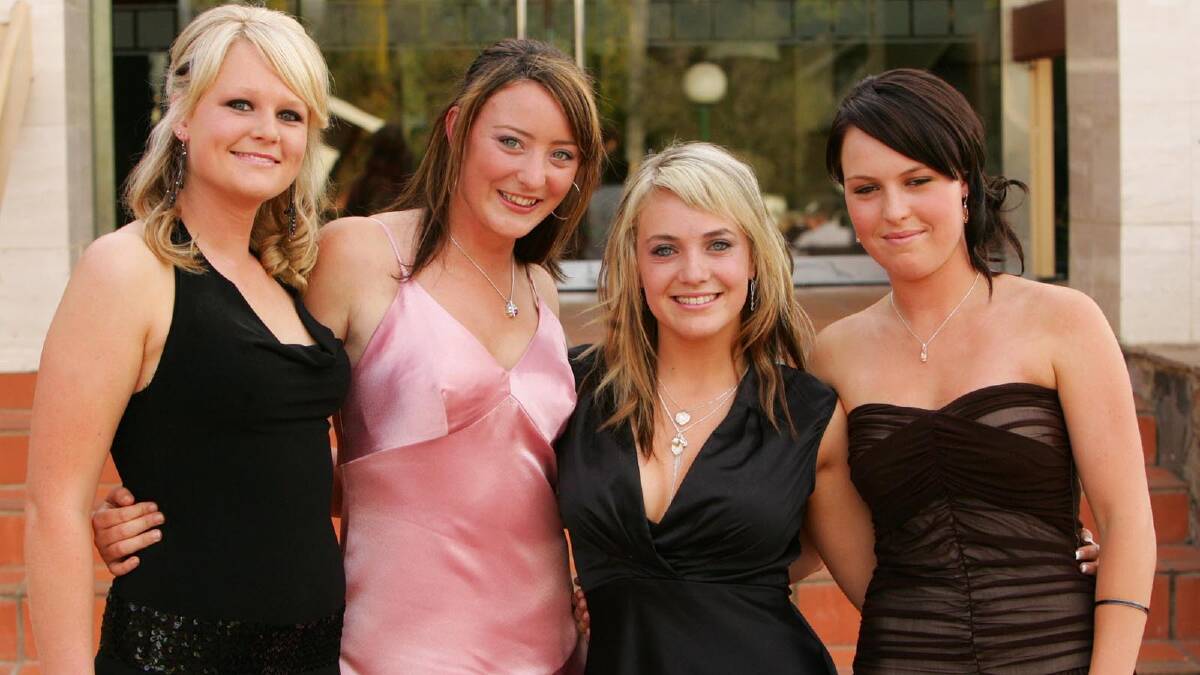 Chloe Flanagan, Jemima Norbury, Leah Christoff and Elle McIntosh at the TRAC Year 10 formal in 2005. Picture: Brett Koschel