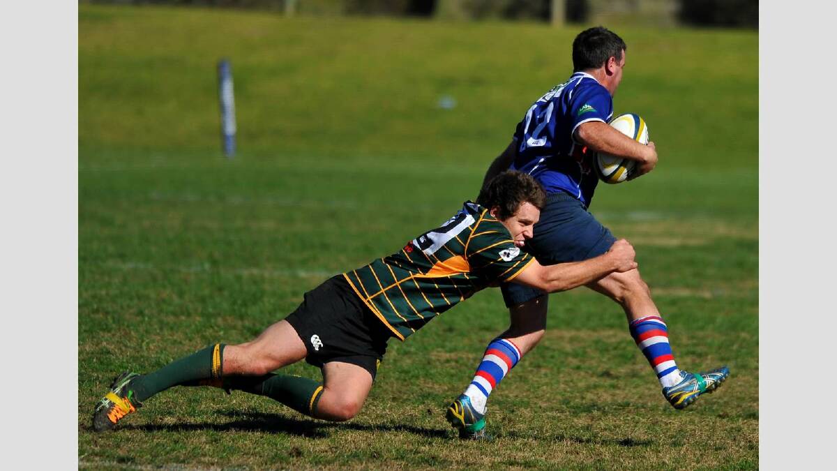 Temora defeated Ag College 33-30 in the Romano's Cup. Aggies' James Whiteley tackles Casey Jordan. Picture: Addison Hamilton