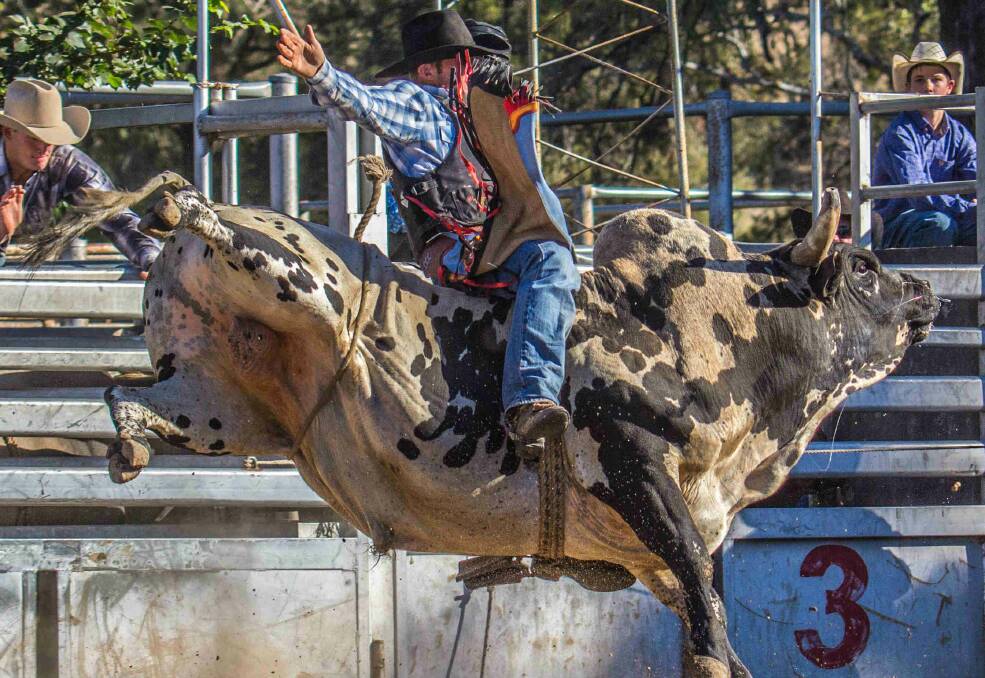Clayton Russell compete in the bull ride at the Gundagai rodeo last weekend