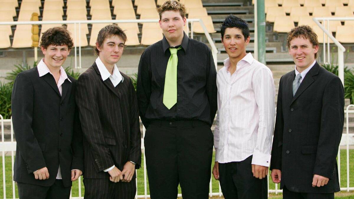 Tim Garrett, Caleb Inch, Trent Gabriel, David Panaho and Dylan Harrington at the Coolamon Central School formal in 2005. Picture: Brett Koschel