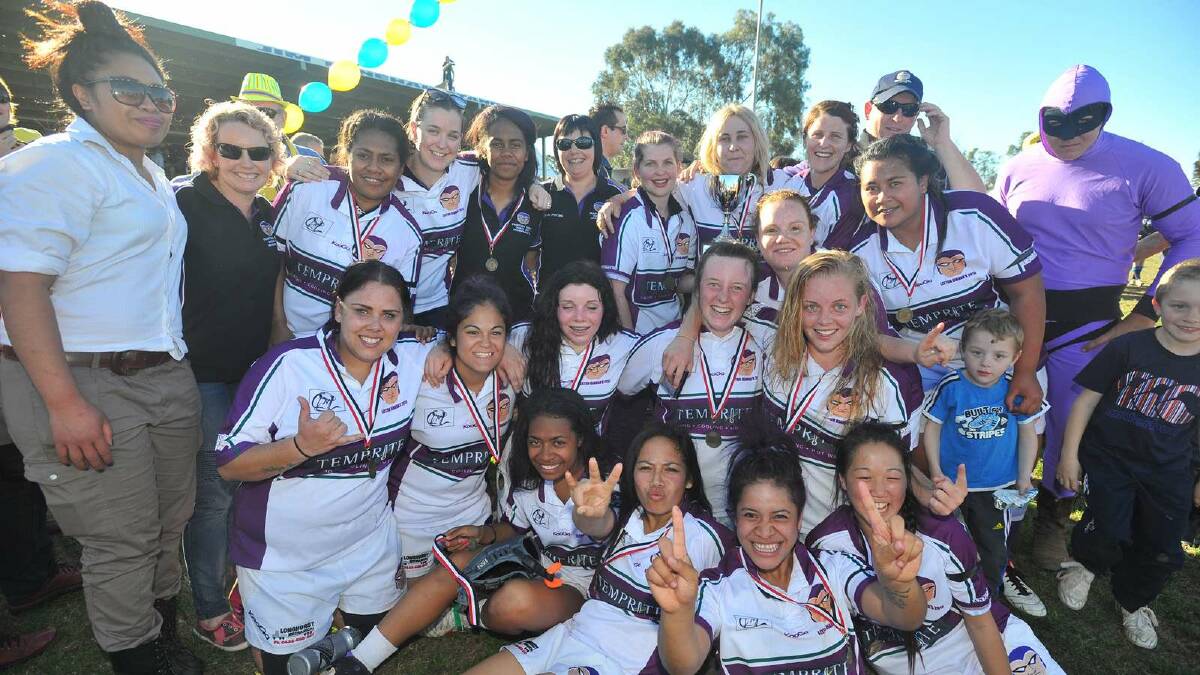 Leeton defeated Griffith 27-10 in the womens sevens. The Dianas show off their premiership medals. Picture: Addison Hamilton