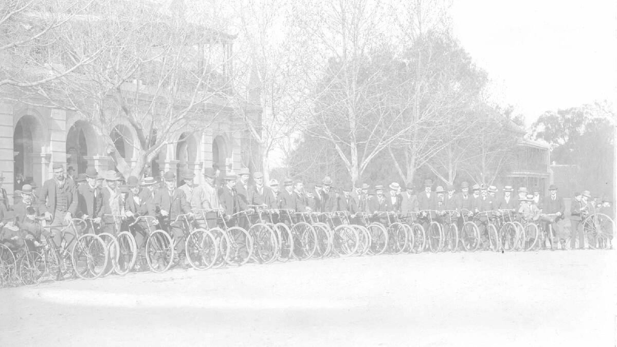 Cyclists travel through Wagga, circa 1895. Picture: Wagga and District Historical Society