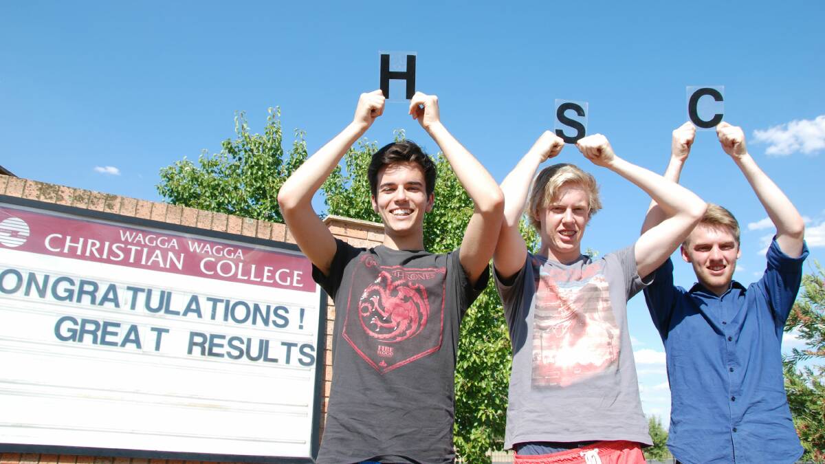 HSC DONE: Wagga Christian College students (from left) Brayden Morris, Matt Bell and Zac Ellis were all pleased with their HSC results yesterday.