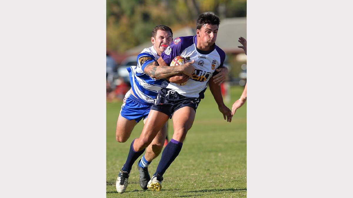Cootamundra's Chris Maher tackles South City's Ned Mortimer. Picture: Michael Frogley