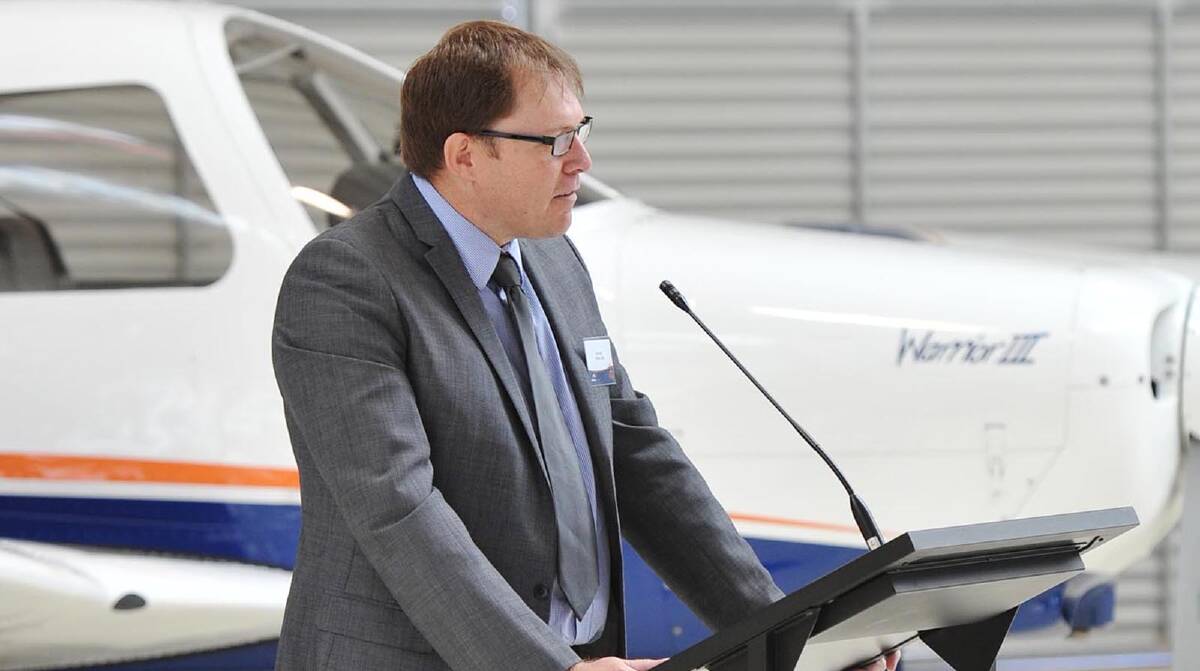Australian Airline Pilot Academy Chairman Dale Hall speaks at the graduation ceremony. Picture: Alastair Brook