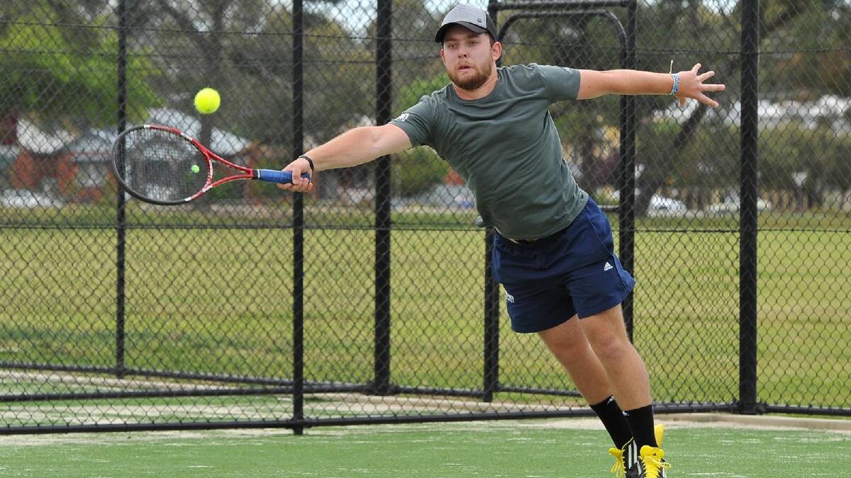 Tom Urbanavicius of Coolamon stretches for the ball in the Riverina Tennis Open at Bolton Park. Picture: Michael Frogley