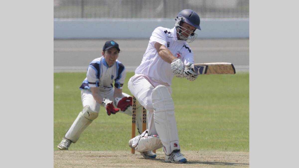 Eric Koetz hits out against South Wagga batting for St Michaels. Picture: Les Smith