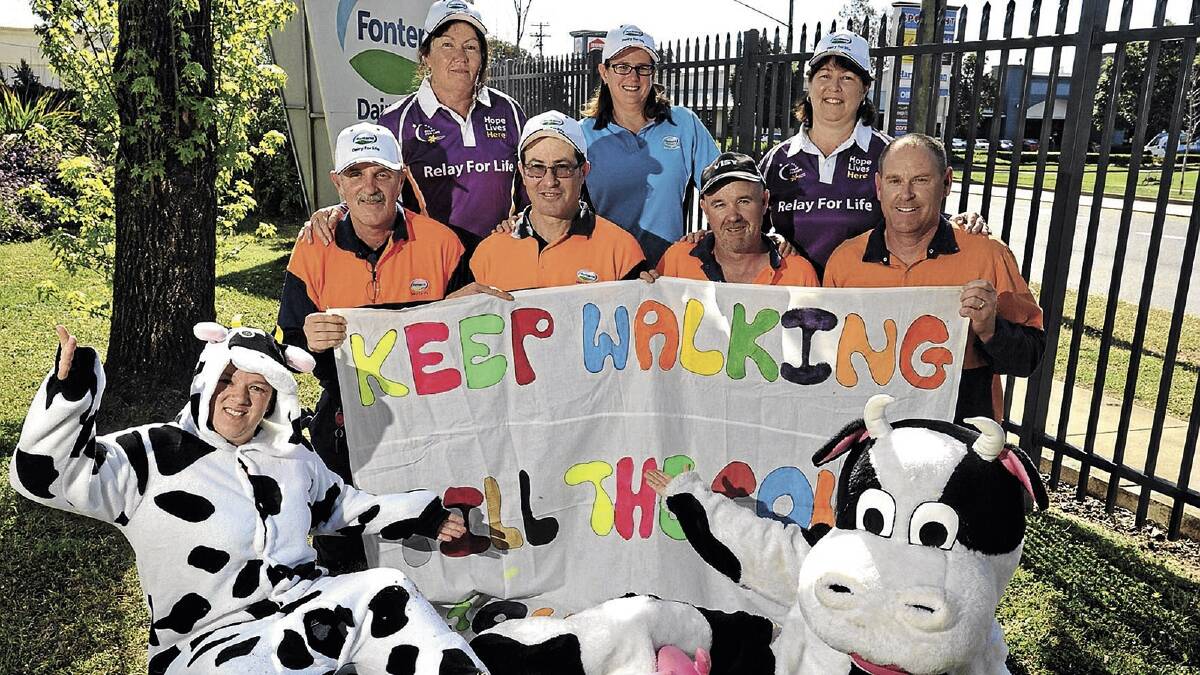 (From back) Denise Nosworthy, Kim Pallister, Malinda Manning, (middle, from left) Peter Van Der Neut, Andy Jones, Paul McMillan, Chris Sutton, (front, in cow suits) Tany Blondinau and Amy Coote get into the spirt of Relay For Life, to be held this weekend. Picture: Les Smith